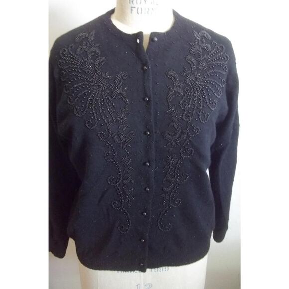 Vintage 50's Black Beaded Floral Print Cardigan Sweater 44 - Picture 7 of 9